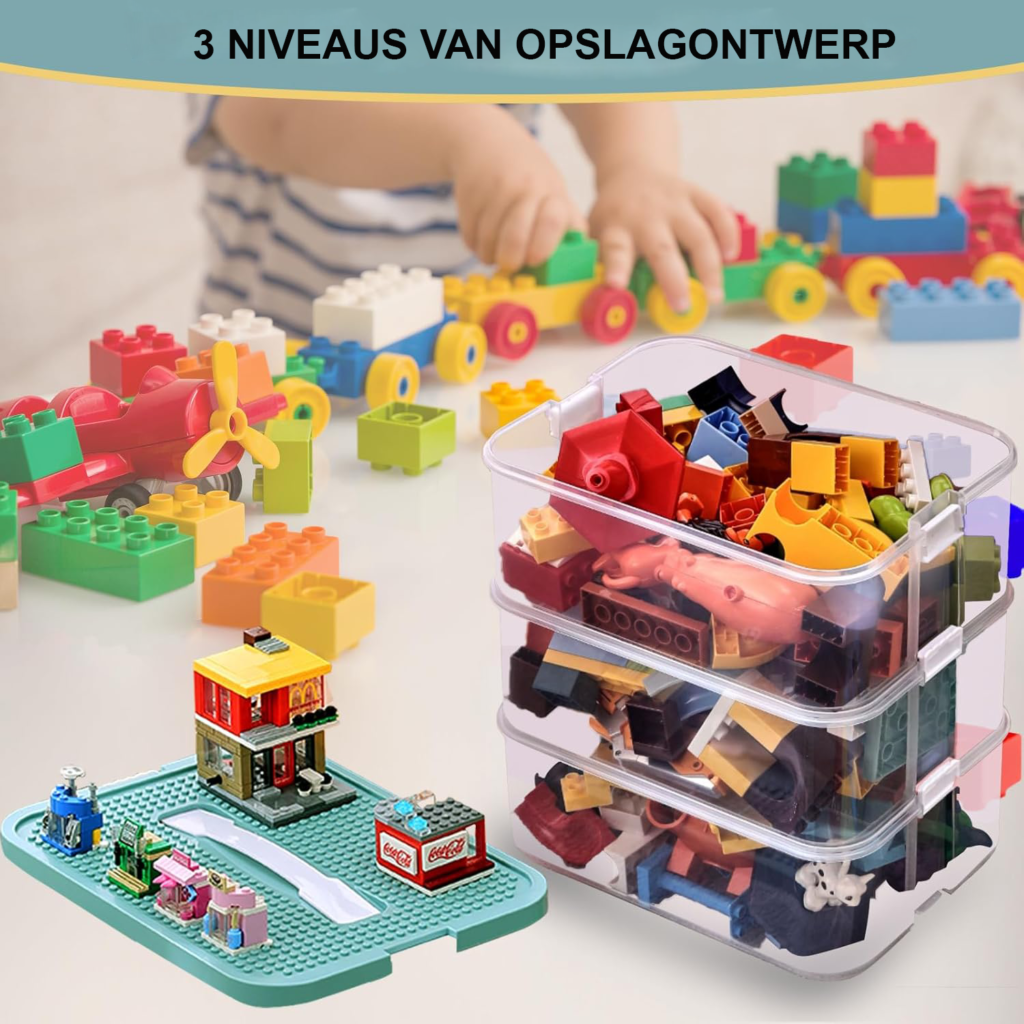 Opbergdoos voor kinderen met deksel, transparante speelgoed organizer met 3 niveaus