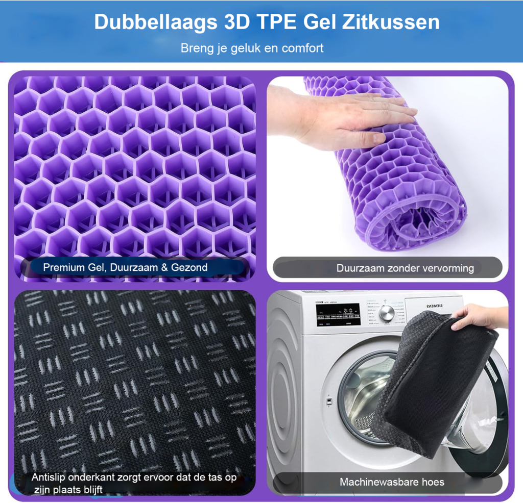 Gel zitkussen paars 43x39 cm met dubbel laag ontwerp, antislip en ademende hoes voor bureaustoel comfort