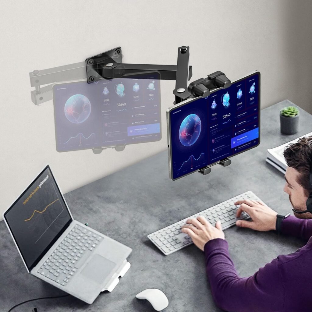 Tablet wandhouder met verstelbare metalen arm voor iPad, tablet en mobiele telefoon 4,7-13,5 inch