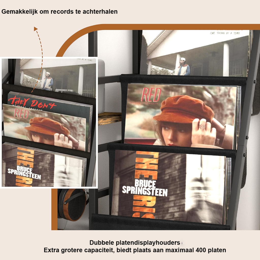 Vinyl opbergrek met platenspelerstandaard voor 280 platen en CD opslag in stijlvol media meubel