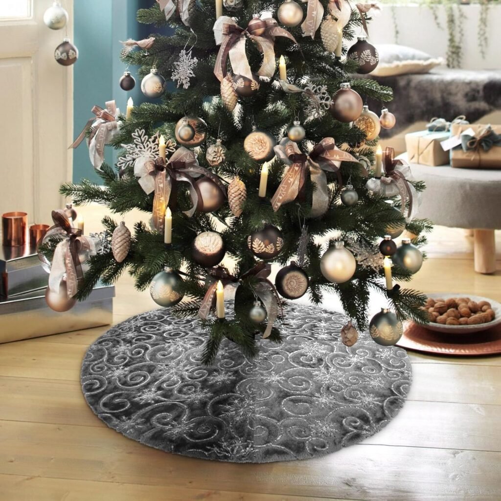 Grijze kerstboomrok van nepvacht met zilveren sneeuwvlok pailletten, luxe boomvoet bedekking voor feestelijke kerstdecoratie onder kerstboom
