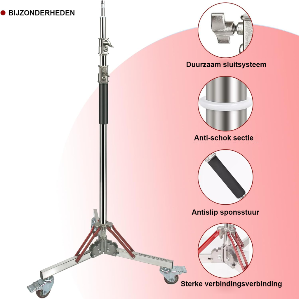 Lichtstatief met wielen RVS verstelbaar 305 cm studio lampstatief voor softbox en verlichting robuuste verrijdbare standaard