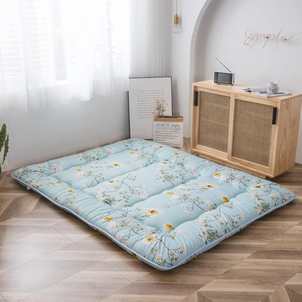 Japanse futon vloermatras met groen bloemenpatroon, opvouwbare tatami slaapmat voor vloer en logeerbed