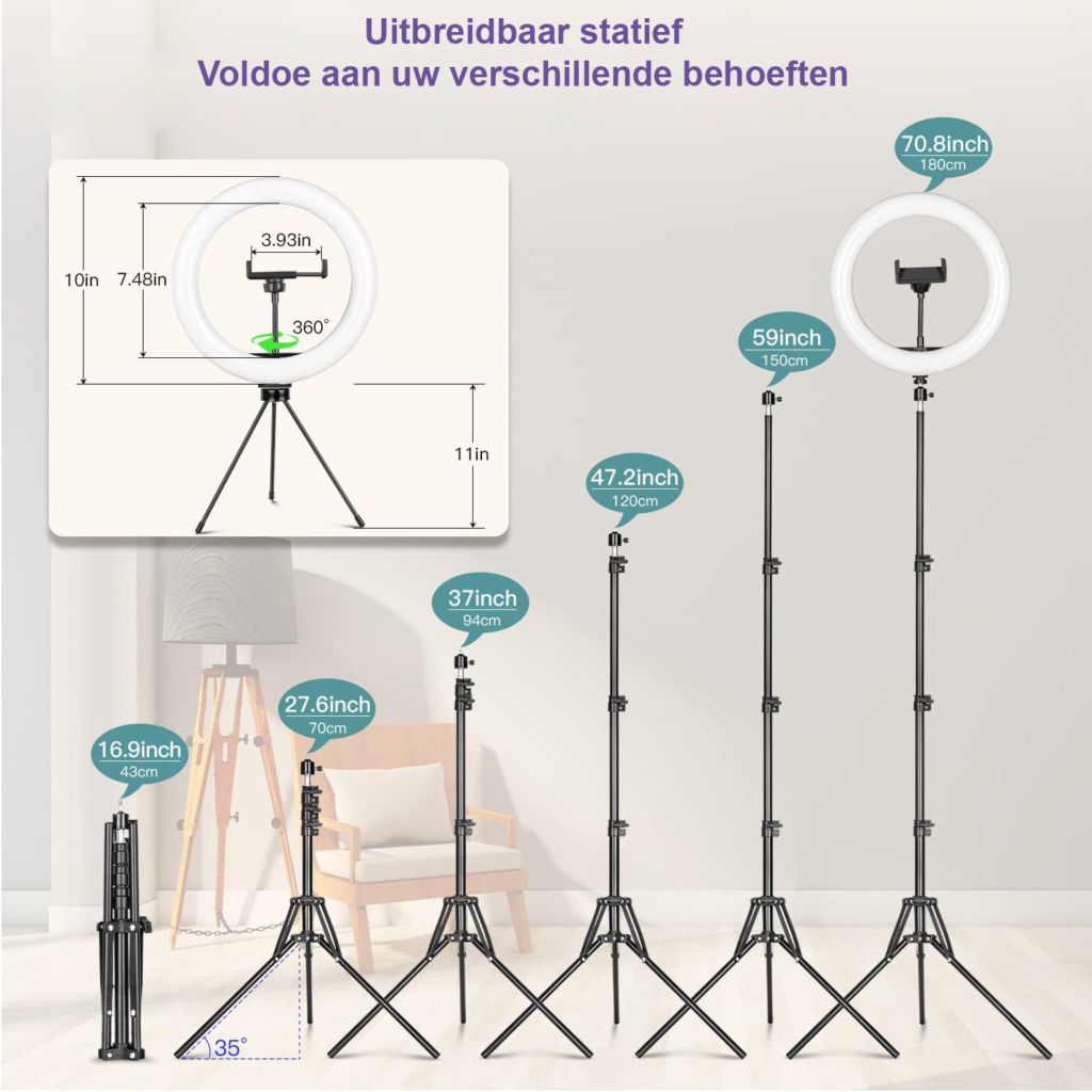 LED ringlicht 10 inch met tripod en telefoonhouder voor selfie, fotografie en livestreams