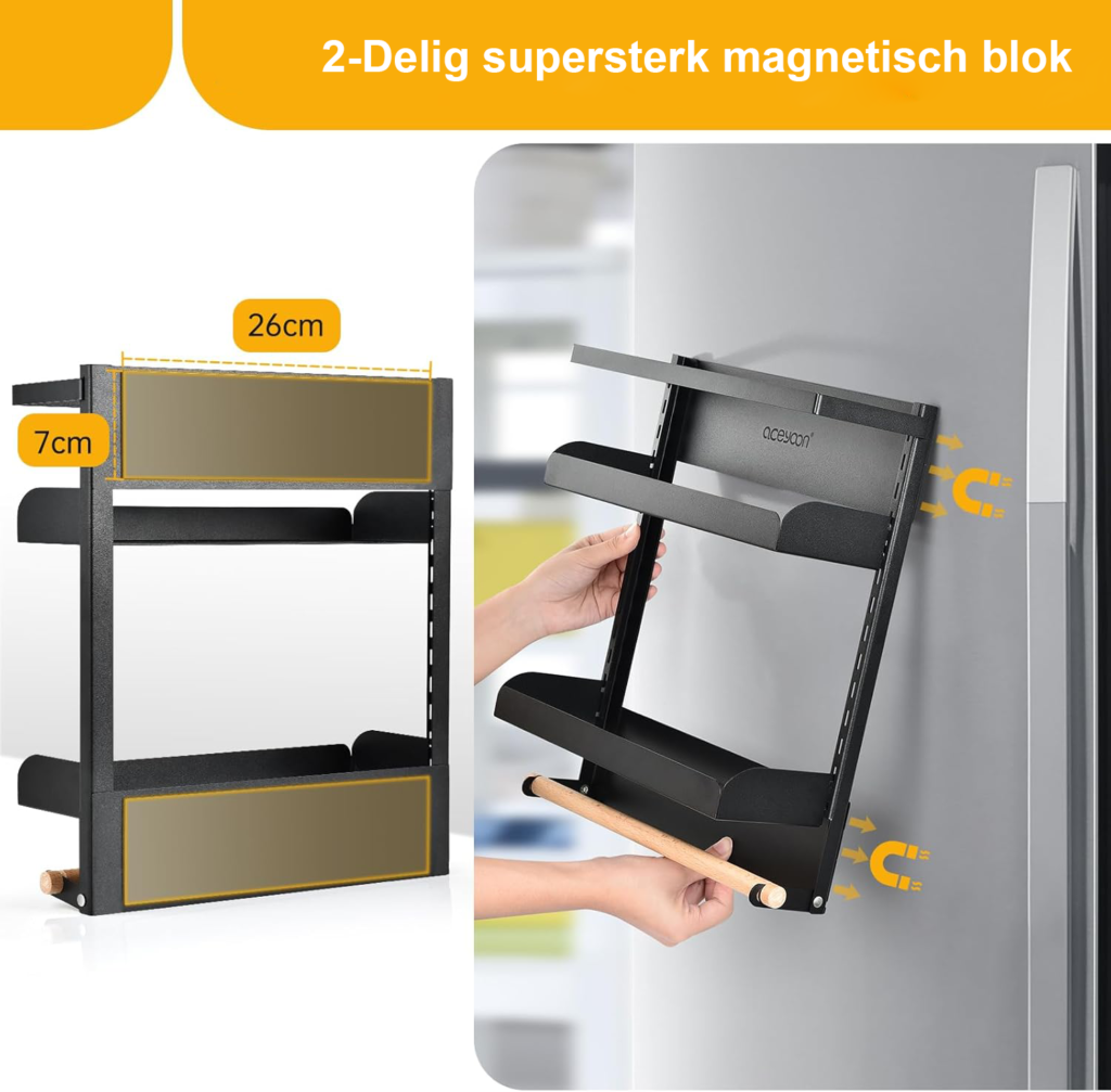Magnetisch koelkastrek met 2 lagen, kruidenrek en keukenrolhouder voor georganiseerde opslag
