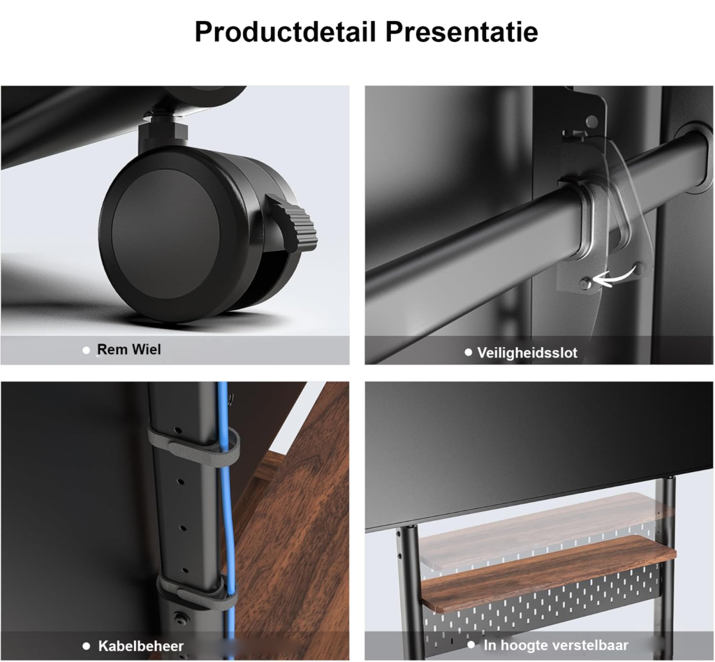 Mobiele TV standaard op wielen voor 40-85 inch tv met houten basis en verstelbare vloerstandaard