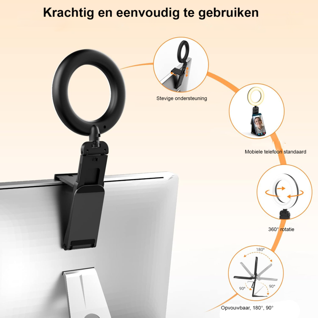LED ringlamp met statief en telefoonhouder voor video conferentie en streaming met 3 lichtkleuren 10 helderheidsniveaus en 360 graden draaibaar licht