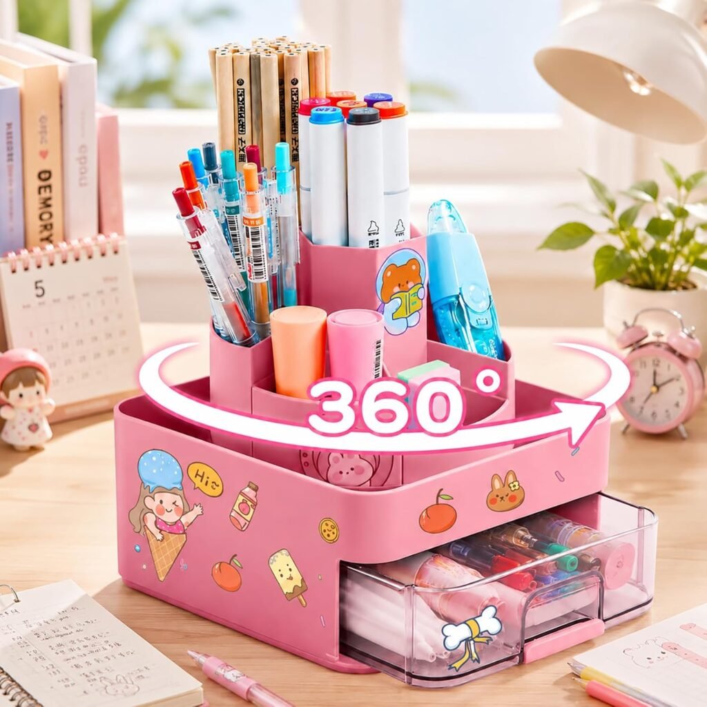 Pennenhouder 360° Draaibaar - Bureau Organizer met 7 Compartimenten - Pennenetui en Opbergbakje voor Kantoor en Make-uptafel - Inclusief Stickers