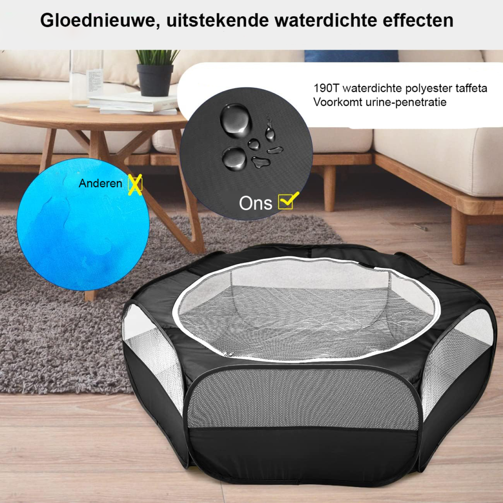 Dierenren voor Kleine Huisdieren - Opvouwbare Speelren met Rits - Waterdichte Tent voor Kittens, Puppy’s en Knaagdieren - Zwart