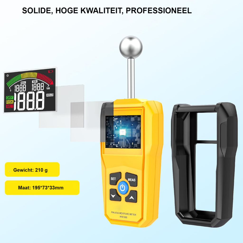 Digitale vochtmeter met LCD-display voor muren, vloeren en bouwmaterialen met 5-40 mm meetdiepte en geluidsalarm