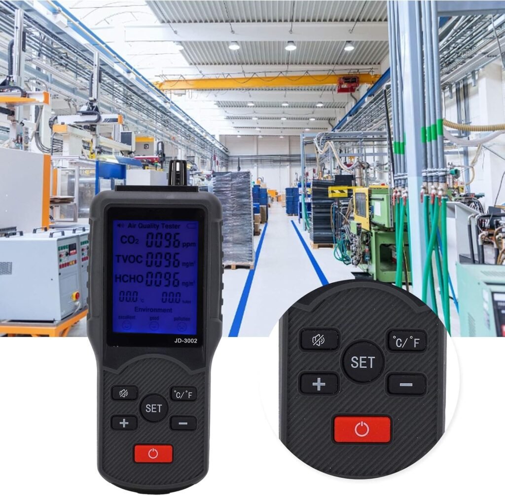 Luchtkwaliteitsmonitor met CO2 en TVOC detector voor temperatuur, vochtigheid en luchtkwaliteit meting binnen en buiten