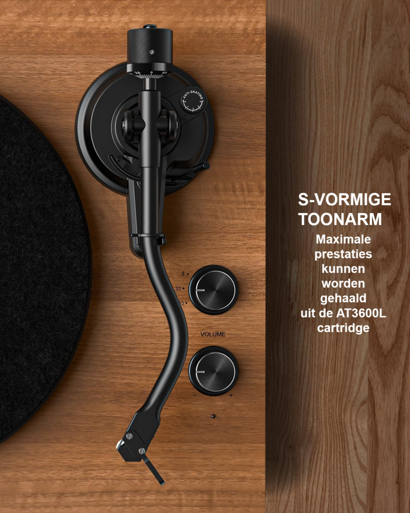 Platenspeler met stereo speakers, ingebouwde voorversterker en S-vormige toonarm voor vin