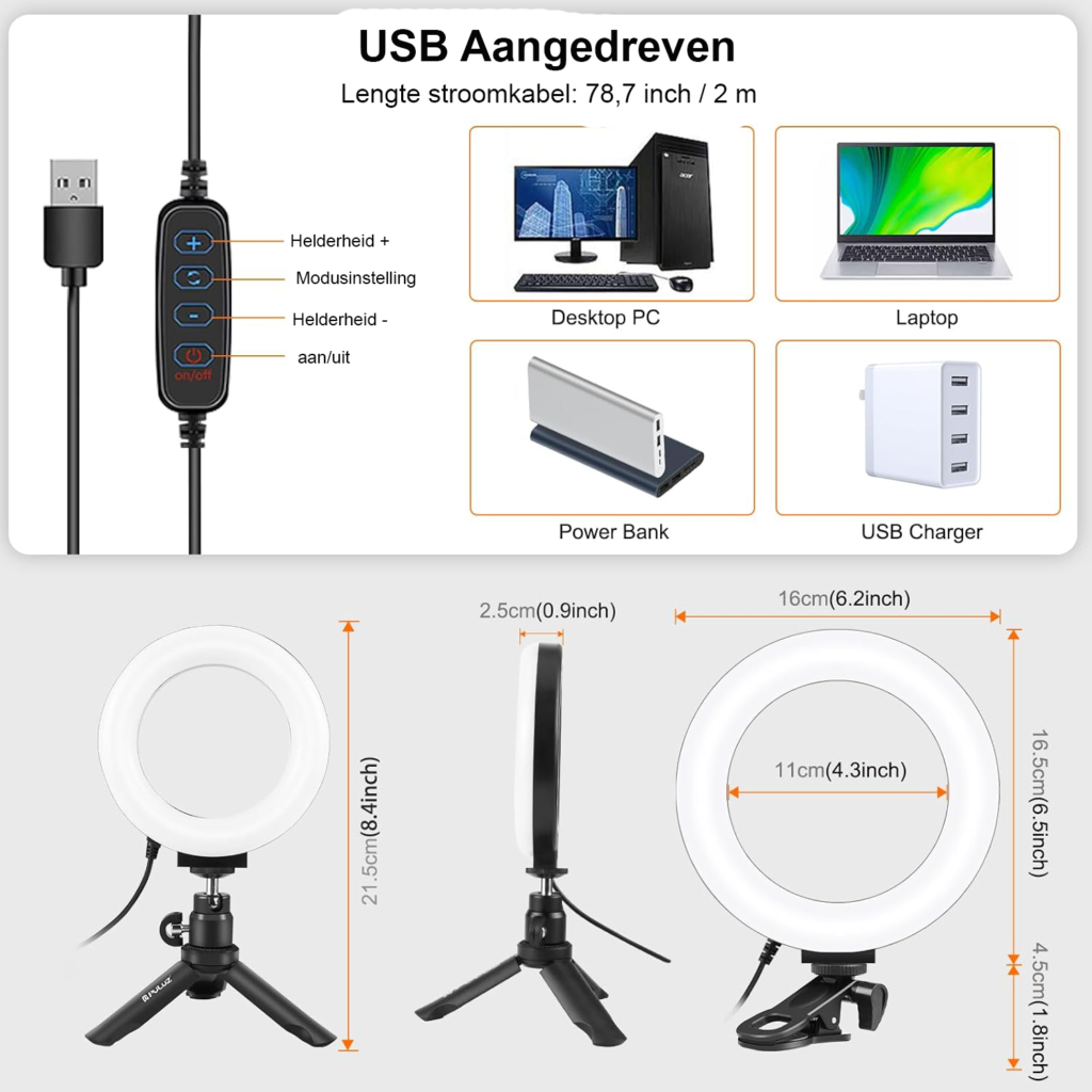 Ring light 6 inch LED video verlichting met clip en statief voor laptop 72 LED 3 lichtkleuren 10 helderheidsniveaus voor streaming en videobellen