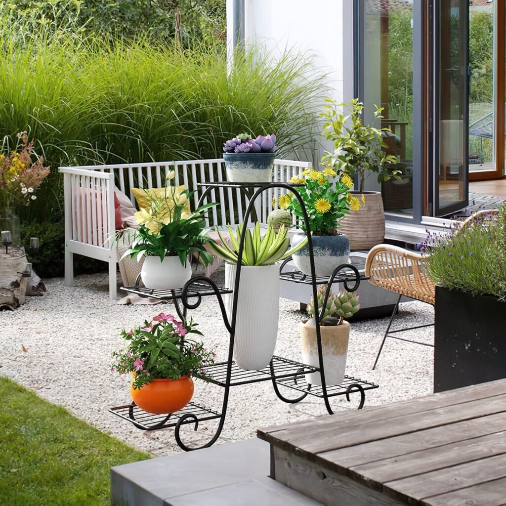 Zwarte metalen plantenrek met bloemenrek en plantenstandaard voor woonkamer, balkon, tuin en patio