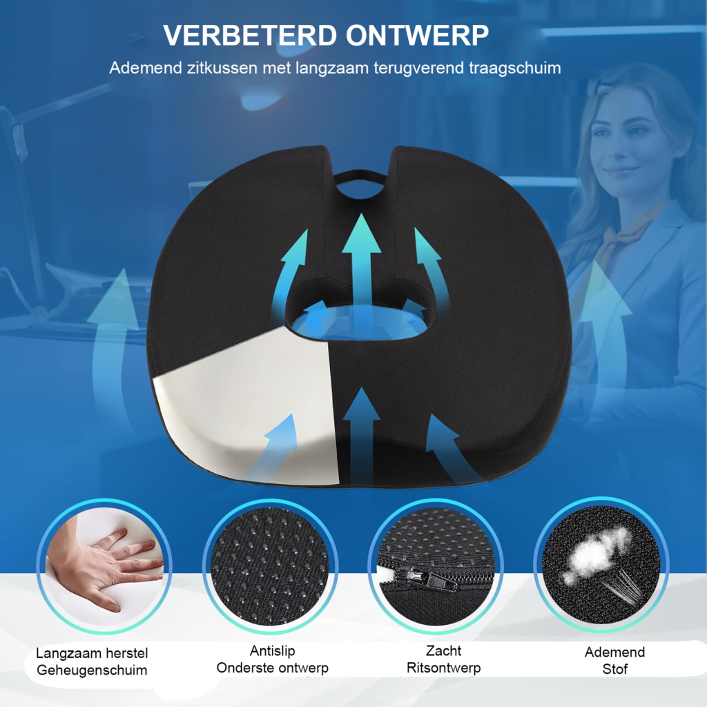 Ergonomisch memory foam zitkussen met coccyx uitsparing voor kantoorstoel, auto en rolstoel, voor drukverlichting en comfortabel langdurig zitten