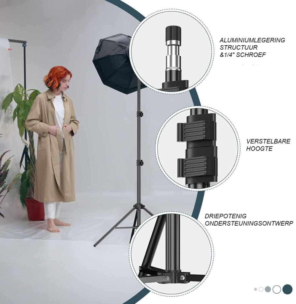 Lichtstatief 210cm aluminium met inklapbaar tripod voor studioverlichting, reflector en softbox met 1/4 schroef