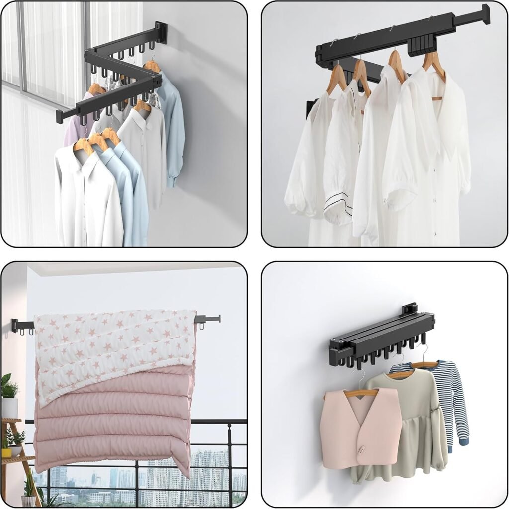 Opvouwbaar zwart wanddroogrek met haken voor kleding drogen binnen en buiten, 3-voudig ruimtebesparend ontwerp