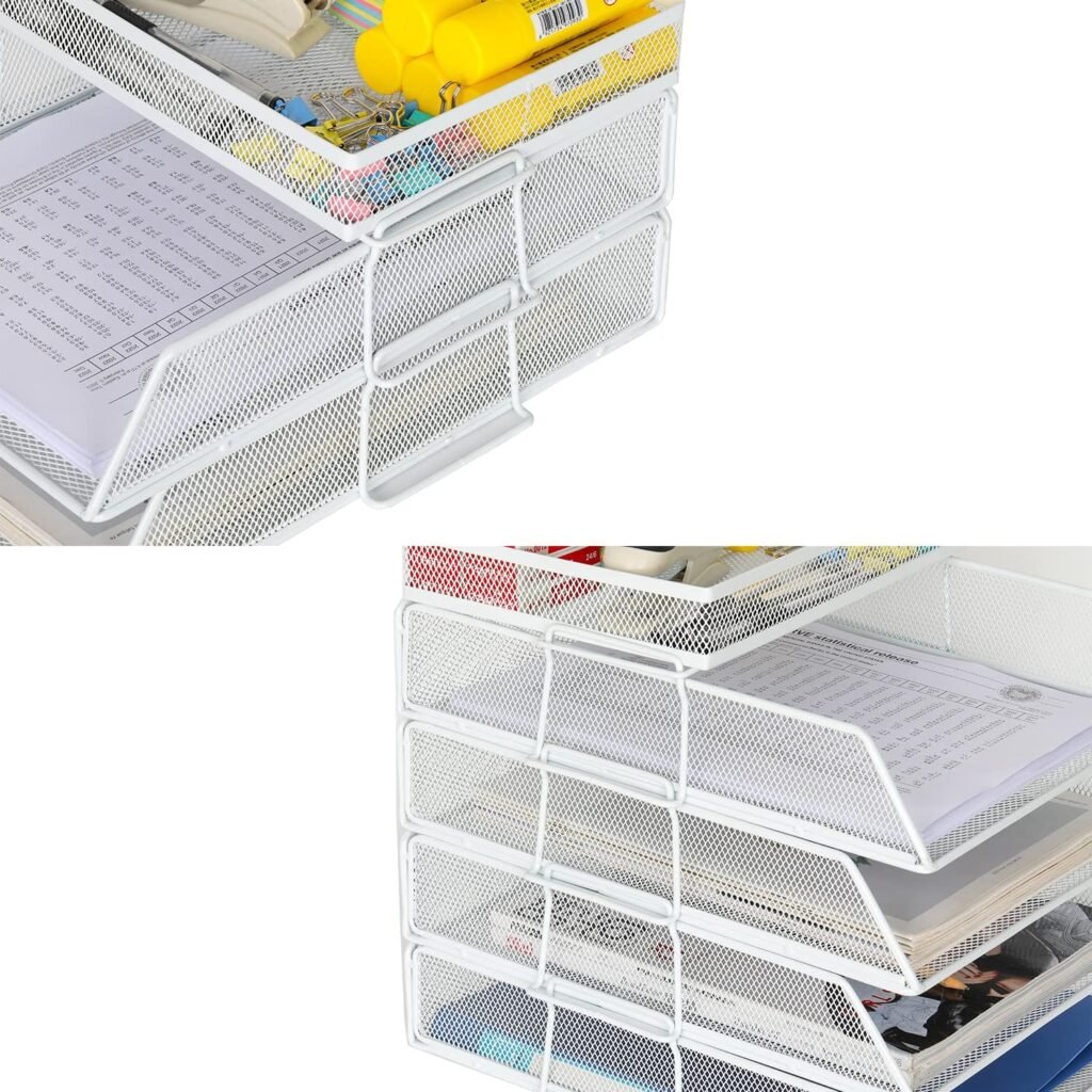 2 laags A4 brievenbakje wit metalen mesh met pennenhouder stapelbare bureau organizer voor documenten en kantoor en thuis gebruik