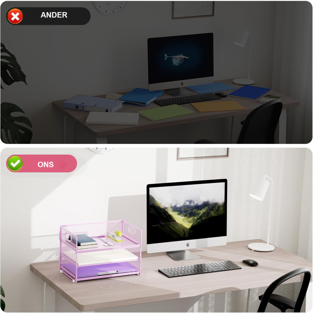 Bureau organizer 3 lagen paars met handgreep - mesh documentenbak en bureau opberger voor thuiswerk en accessoires