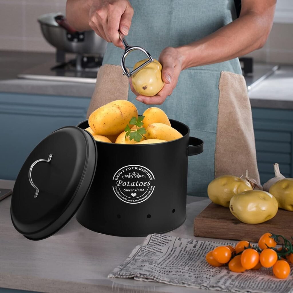 Voorraadpot set voor aardappelen, uien en knoflook met zwarte metalen blikken en ventilatiegaten voor keukenopslag