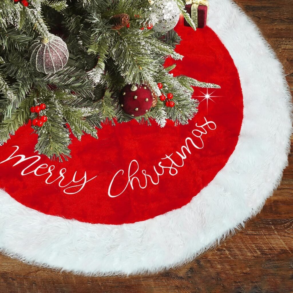 Kerstboomkleed van nepbont 120 cm wit met rode rand voor luxe kerstdecoratie en kerstboom rok