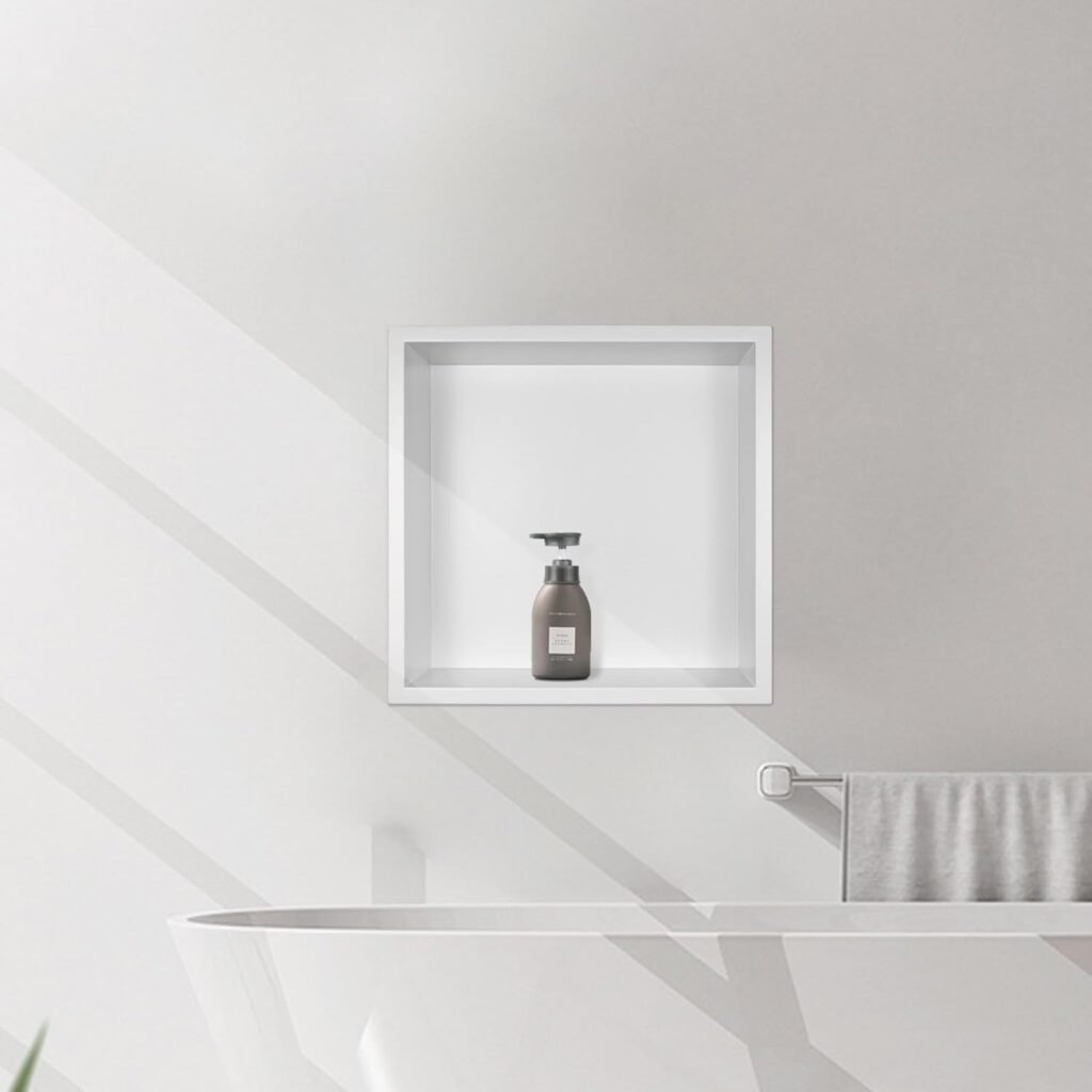 Witte RVS douchebak niche 30x30x10 cm voor wandmontage, tegelvrije wandnis van roestvrij staal voor de badkamer.
