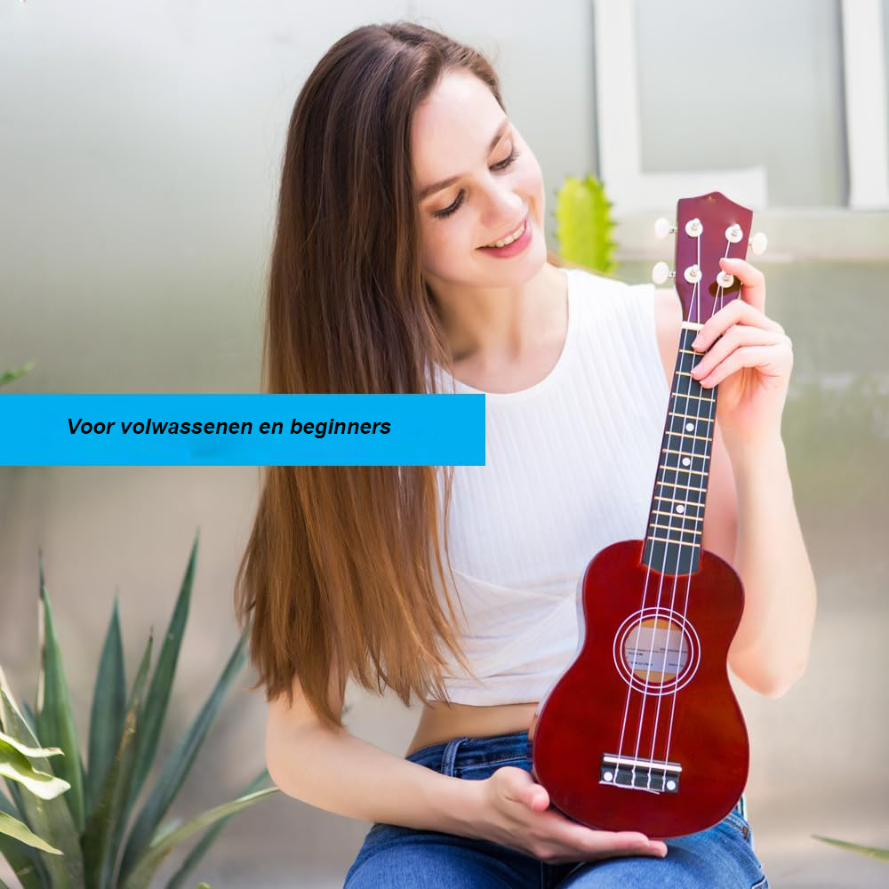 Sopraan ukulele starter set 21 inch bruin met draagtas clip-on tuner extra snaren plectrum en accessoires voor beginners