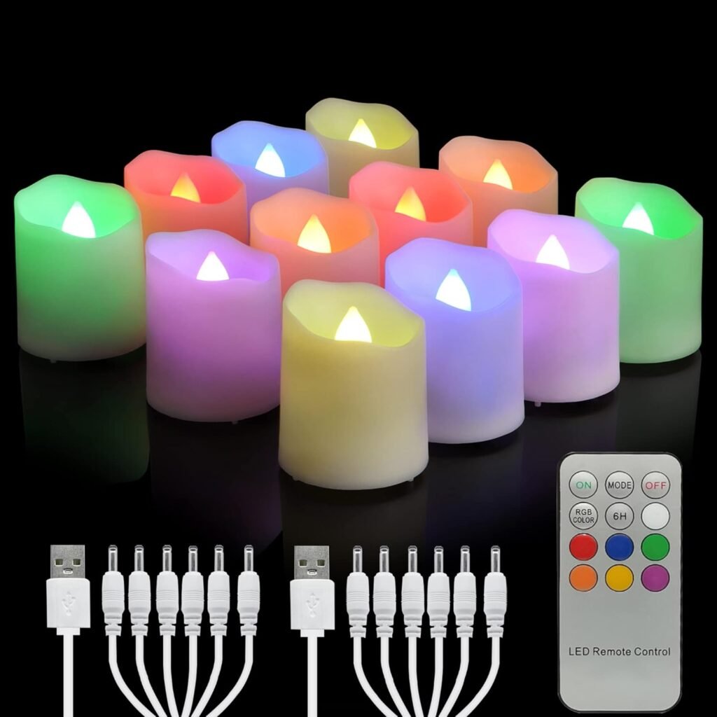 12-delige RGB oplaadbare LED waxinelichtjes met afstandsbediening, timer en warm wit flikkerend licht voor decoratie