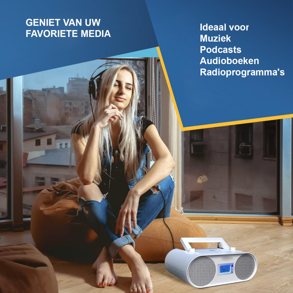 Boombox radio met cd speler en Bluetooth, draagbare muziekspeler met AM/FM radio, MP3, USB, AUX en oplaadbare batterij met afstandsbediening en digitale EQ functie