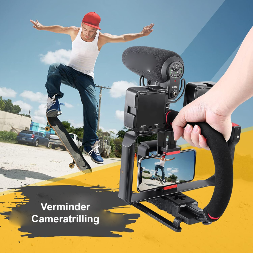 Handstabilisator video stabilizer met hot shoe voor camera en smartphone schokabsorberend voor vloggen en content creatie