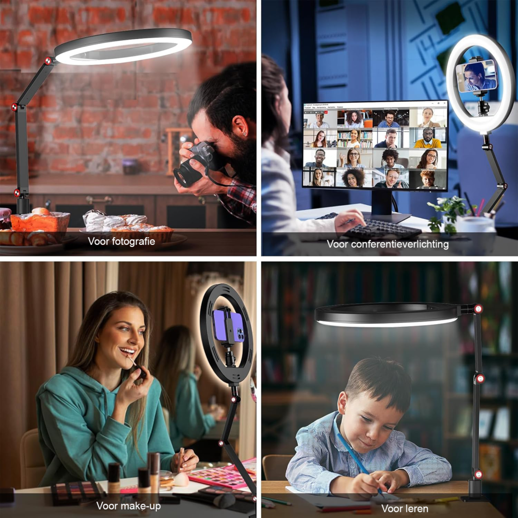 Ringlamp 10 inch met telefoonhouder voor bureau en dimbare LED verlichting