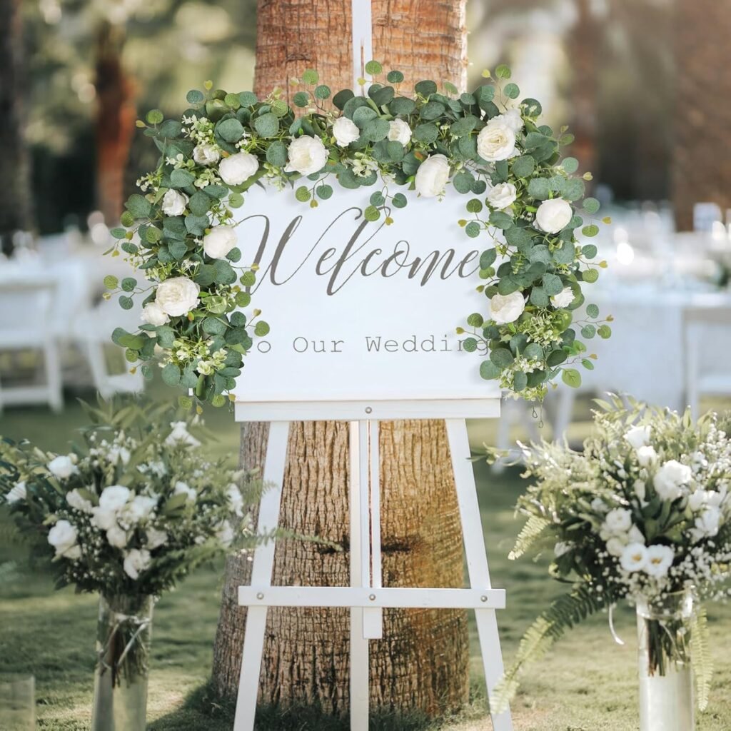 Kunstmatige bloemenkrans set van 2 eucalyptus slinger met witte pioenrozen en rozen wanddecoratie bruiloft deur decor vintage