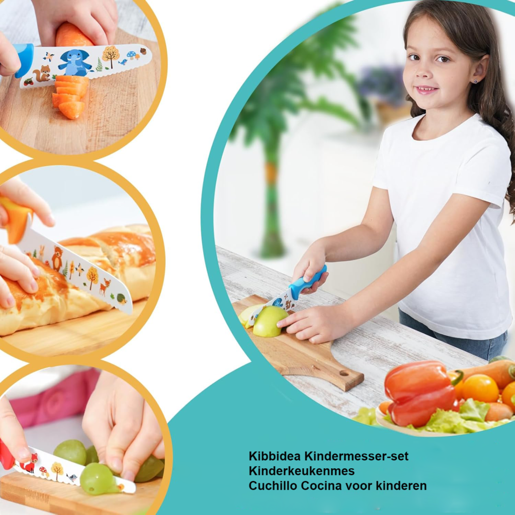 kindermessenset 4-delig veilig rvs lemmet gekarteld houten handvat kindvriendelijke keukenmessen voor groenten en fruit snijden vanaf 3 jaar