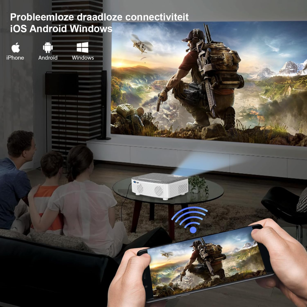 WiFi beamer 7500 lumen projector 120 inch scherm draadloze WLAN Bluetooth 1080p compatibel smartphone tablet Fire Stick ingebouwde luidspreker