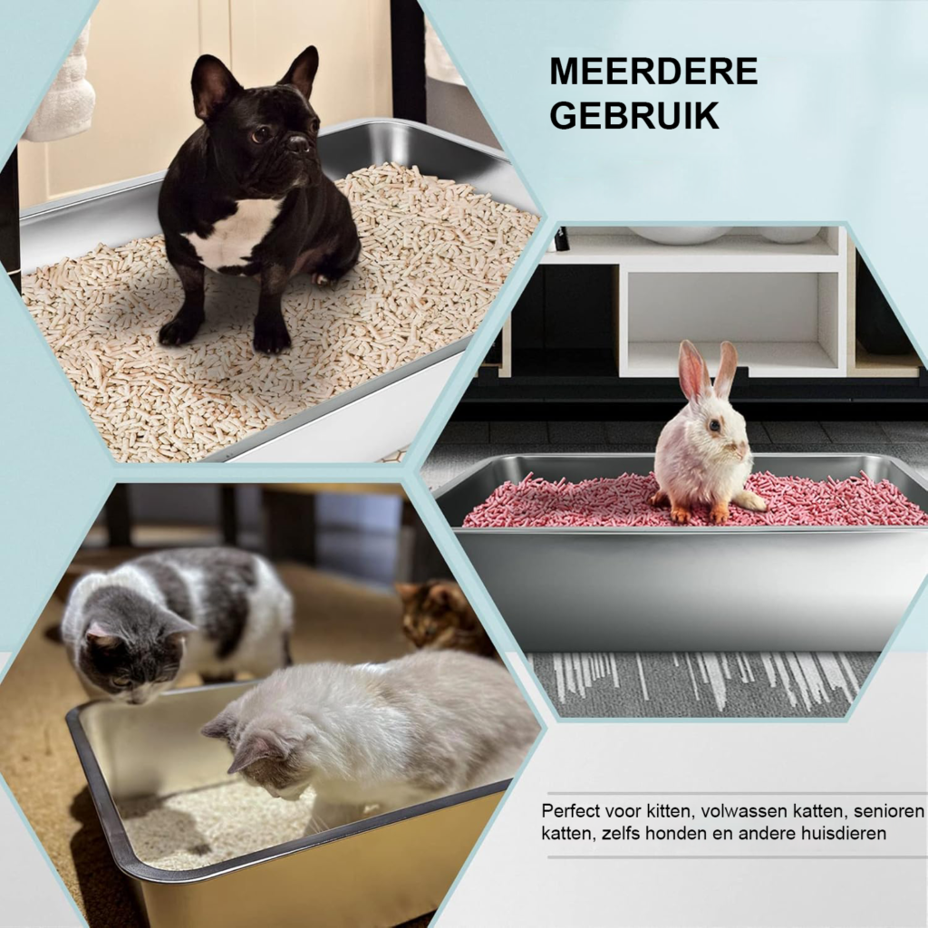 Roestvrijstalen kattenbak 50 cm met antislip onderkant voor katten en konijnen