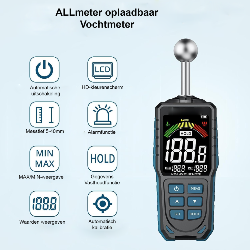 Oplaadbare vochtmeter met kleur LCD display voor muren, vloeren en plafonds met 5-40 mm meetdiepte
