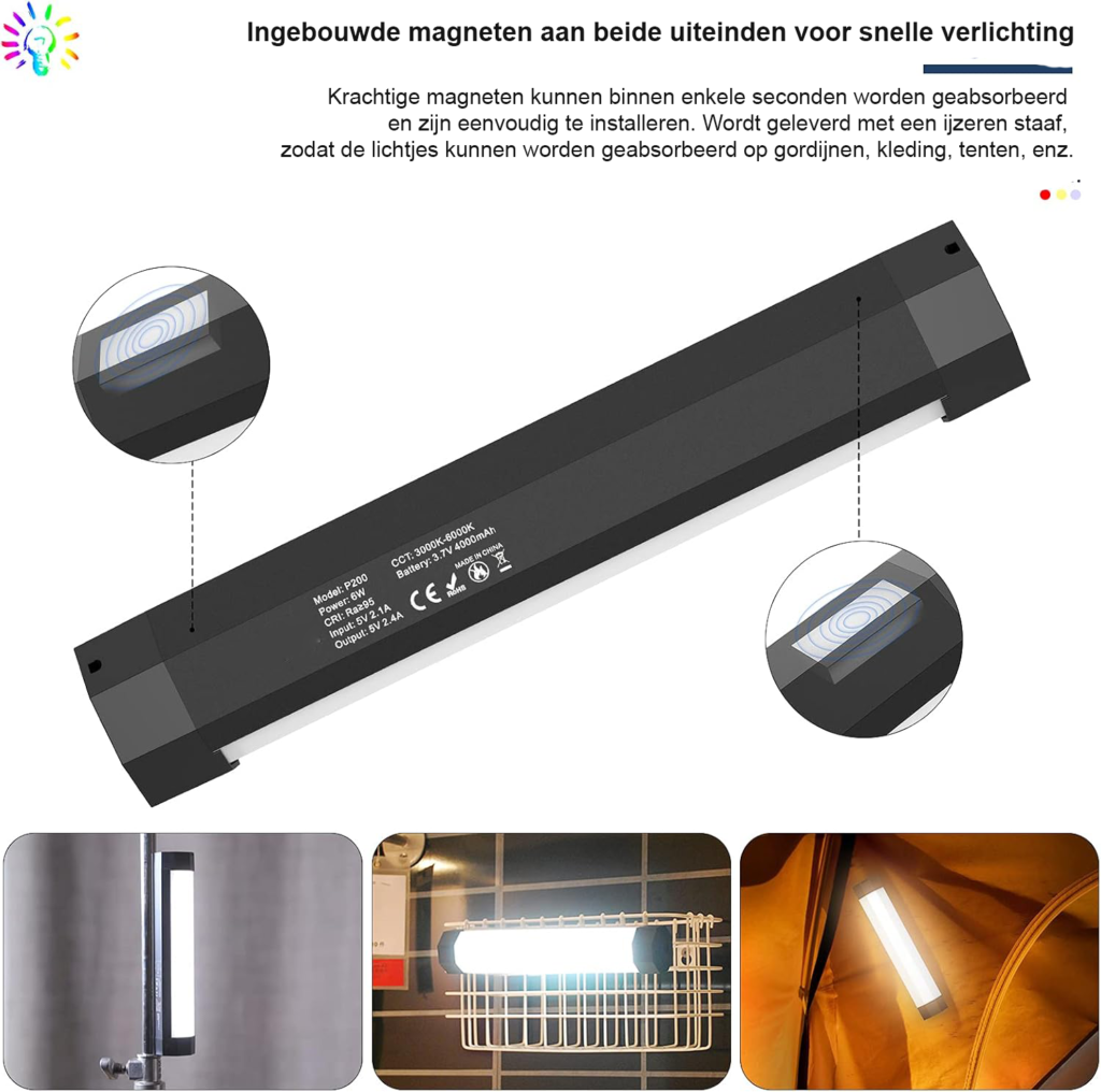 RGB videolamp met app-bediening, IP67 waterdicht, dimbare LED fotografieverlichting en 4000mAh powerbank