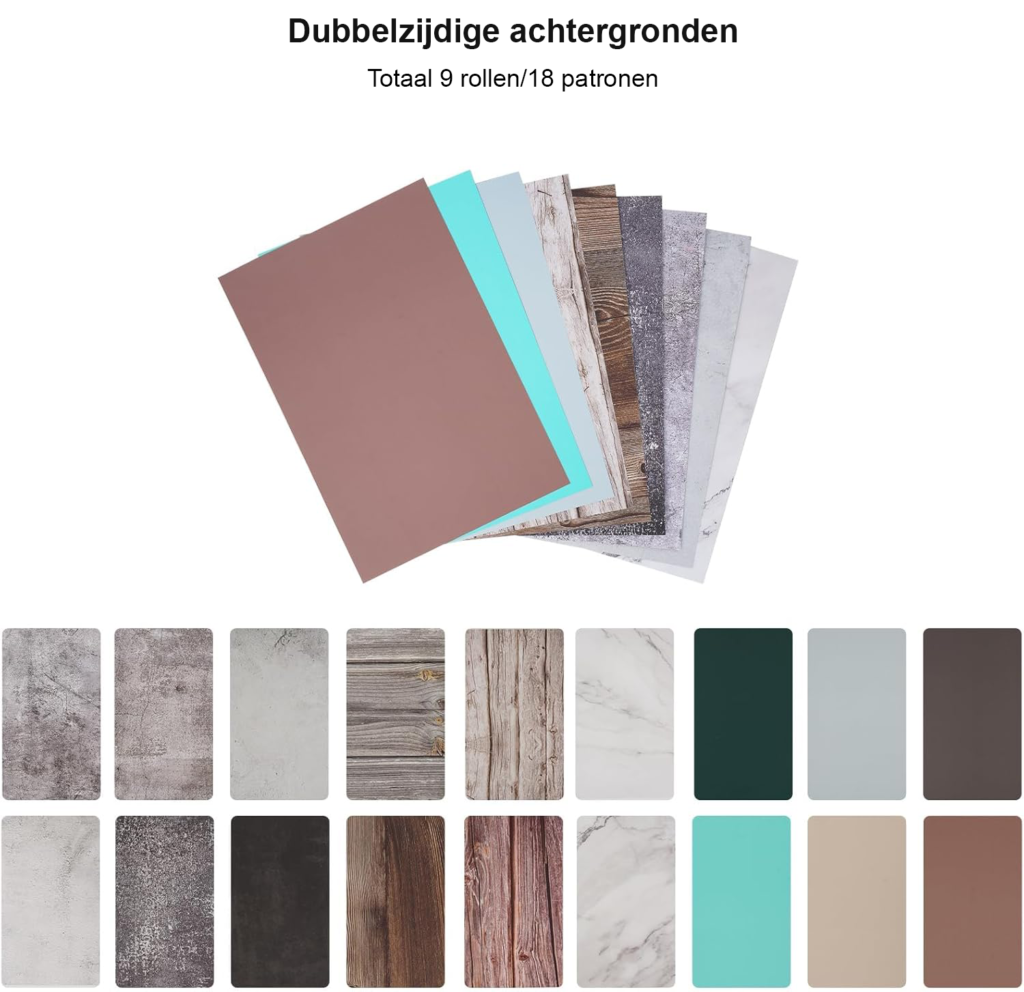 Fotografie achtergrond set 30 x 40 cm met dubbelzijdig achtergrondpapier voor productfotografie, voedsel, sieraden en cosmetica