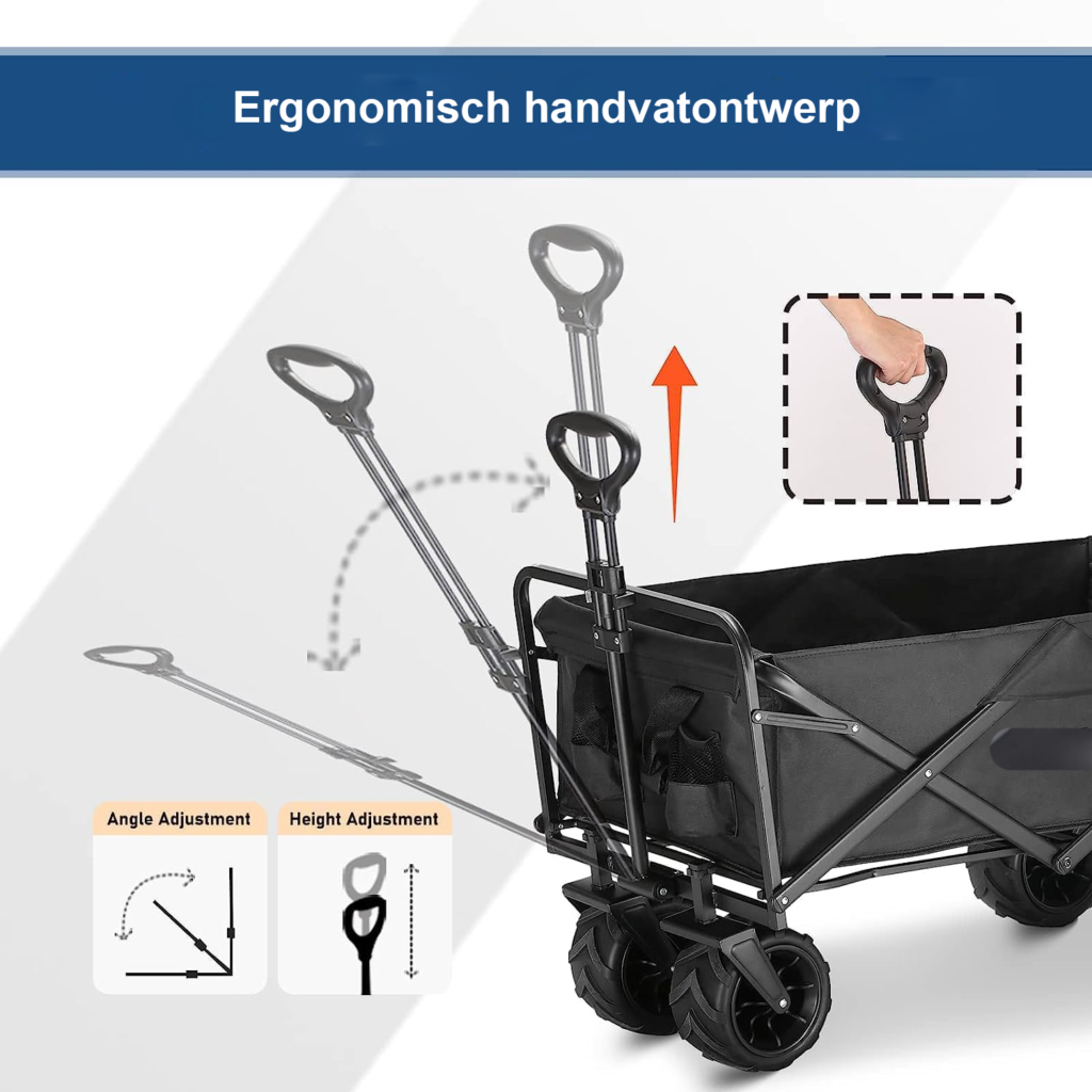 Opvouwbare handkar 160 kg met verstelbare trolley, grote off-road wielen en robuust frame voor outdoor en camping gebruik