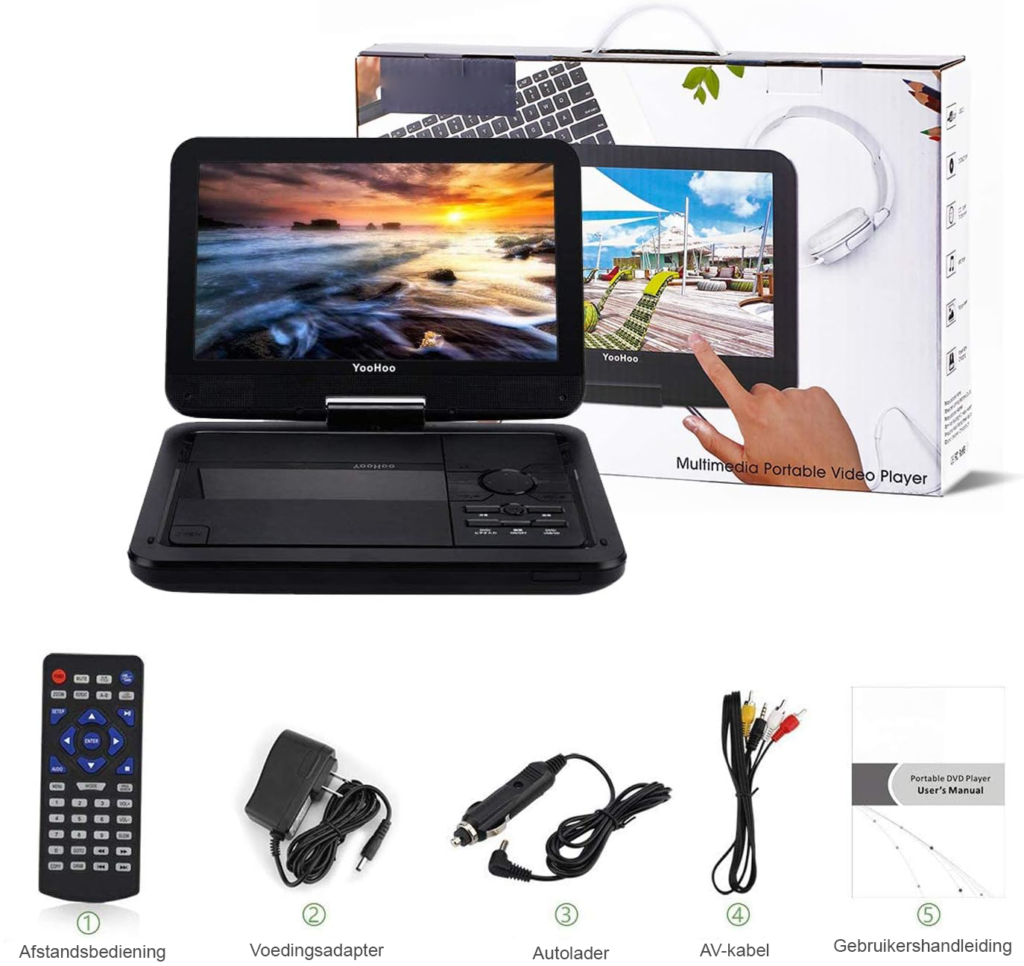 Draagbare DVD-speler met 10,5 inch draaibaar HD scherm en oplaadbare batterij zwart