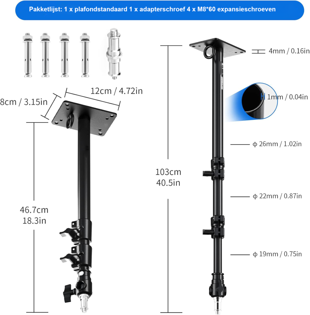 Fotografie muurbeugel met uitschuifbare arm 46,7-103 cm voor videolampen en reflectoren
