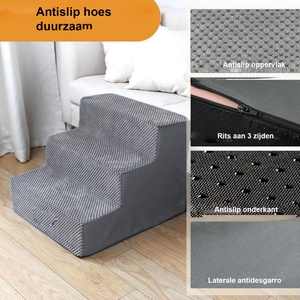 Hondentrap voor bed en bank, antislip huisdiertrap met 3 treden voor kleine honden en katten, schuim met verwijderbare hoes 45x40x34 cm