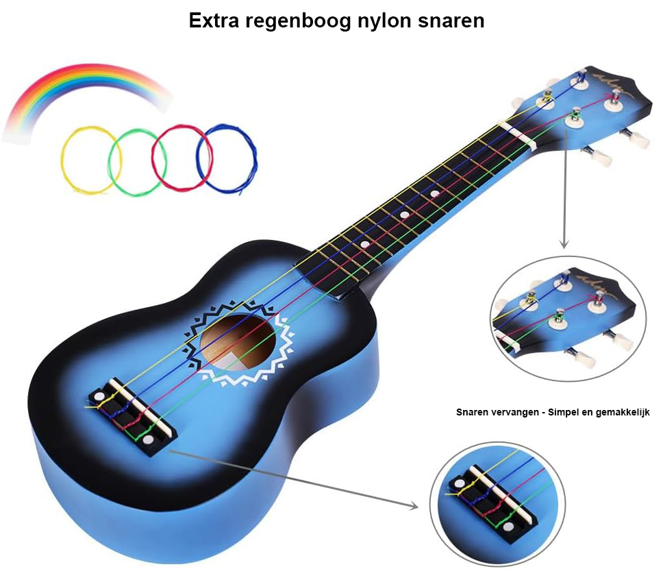 Blauwe sopraan ukulele set voor kinderen en beginners met draagtas, tuner en accessoires voor muziekles en oefenen