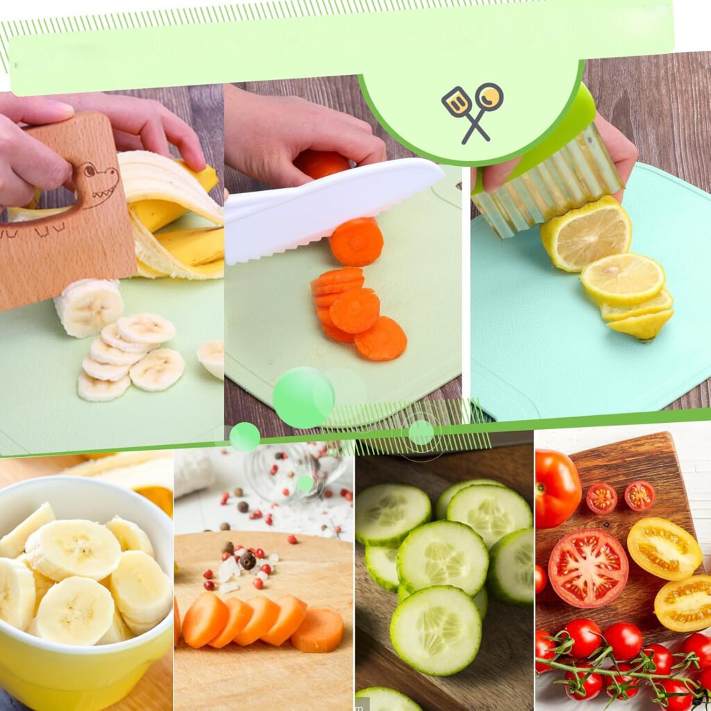 Kinderkoksmes set 8-delig met houten en kunststof messen, snijplank en dunschiller voor veilig koken met kinderen