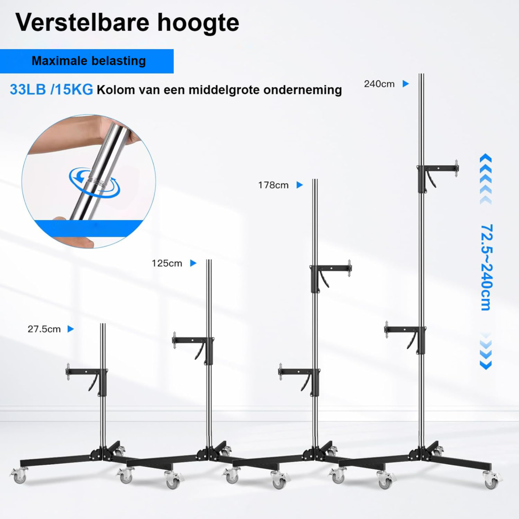 Metalen C-stand studio statief 240 cm met wielen en schuifbare handgrepen voor studioverlichting, softbox en reflector