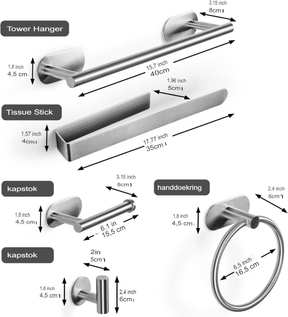 Handdoekrek set 6 stuks zilver met zelfklevende wandmontage voor badkameraccessoires