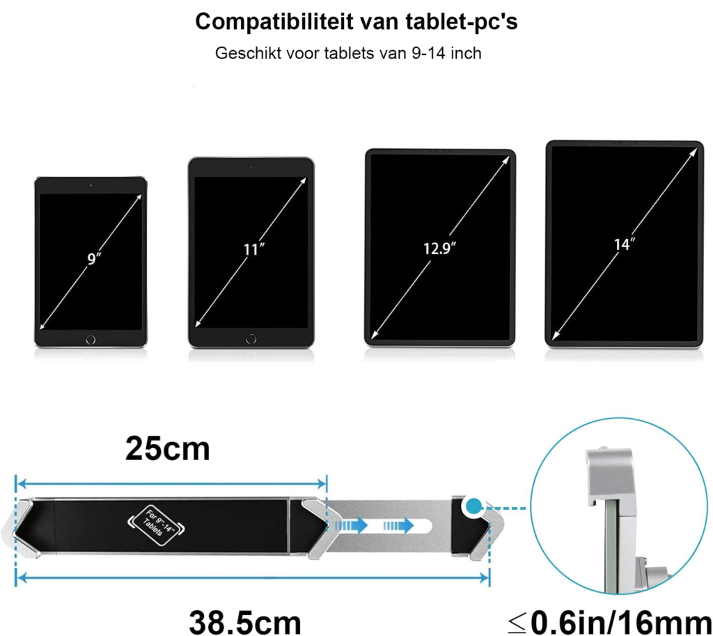 Beveiligde aluminium tablet muurstandaard met vergrendeling en swing arm voor iPad, Surface en Galaxy Tab 9-14 inch