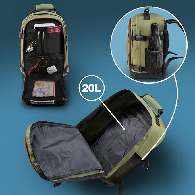 Handbagage rugzak 40x20x25 cm met 20L inhoud van waterafstotend RPET polyester voor vliegtuigcabine en reizen