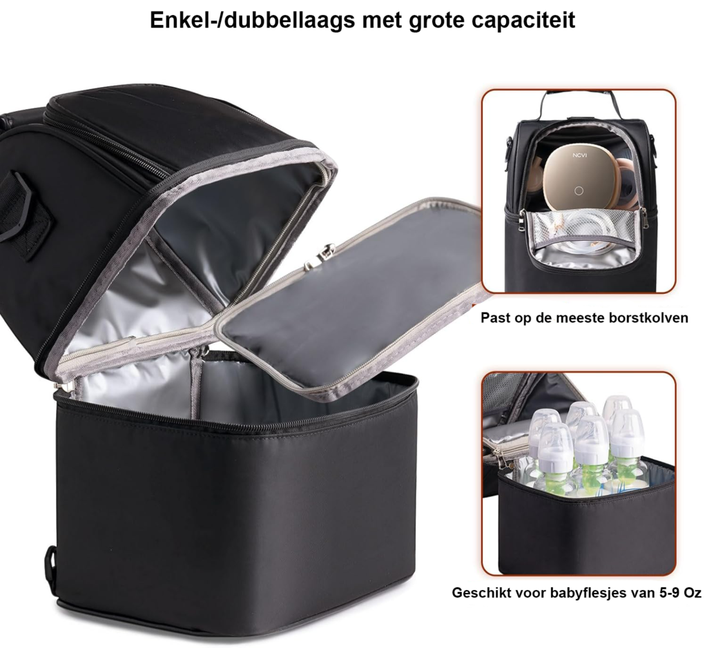 Zwarte koeltas voor moedermelk met ijspack, compacte koelrugzak voor veilig bewaren en vervoeren van moedermelk onderweg