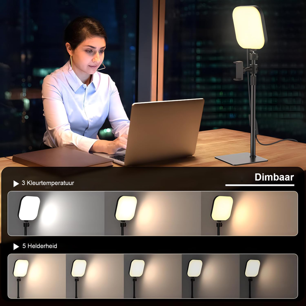 LED videolamp met telefoonhouder en 180 LED's voor videoconferenties, streaming en studiobelichting met USB voeding